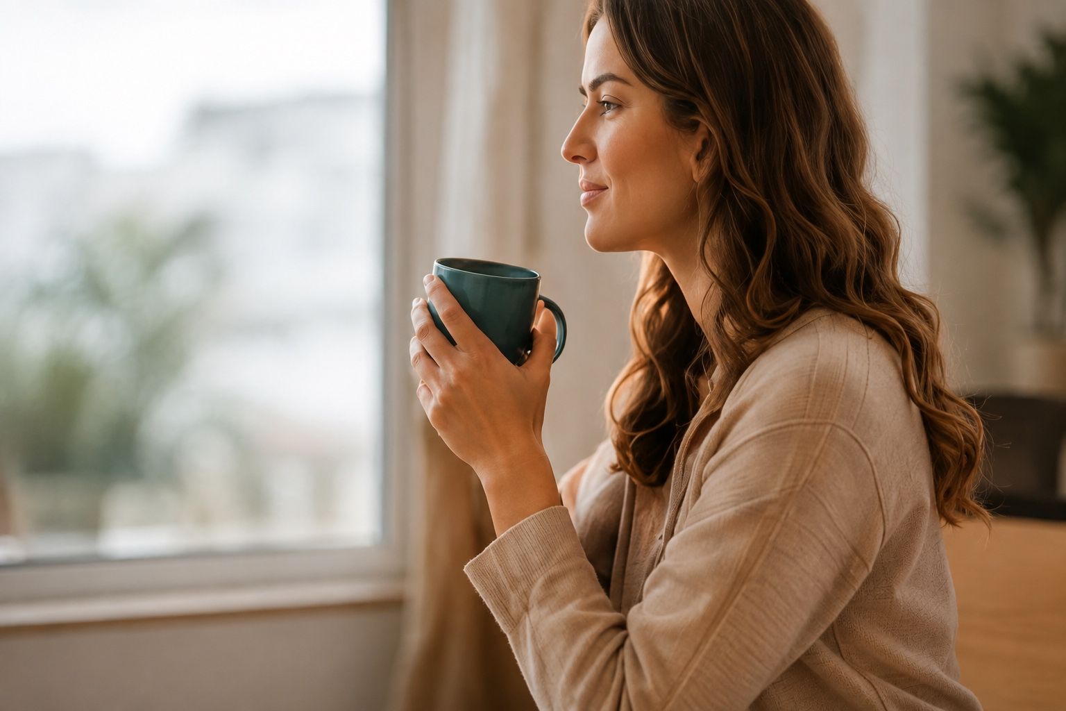 Mujer junto a una ventana, con una taza entre las manos
