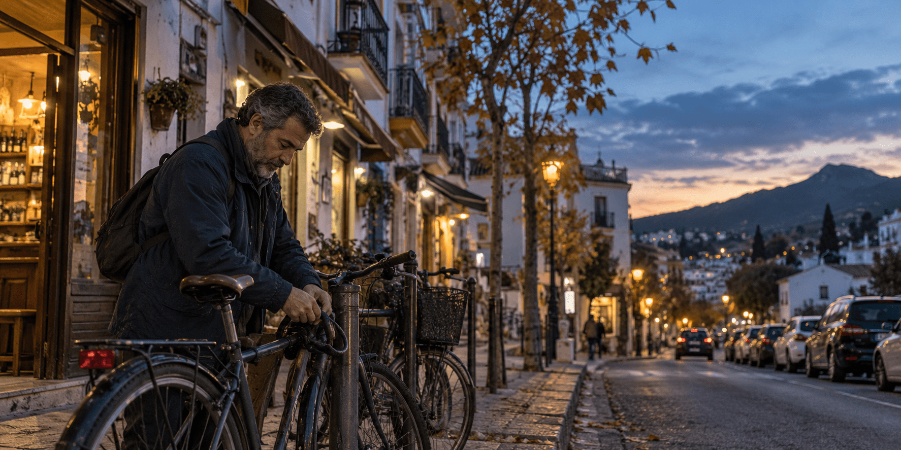 Hombre preparando su bicicleta al anochecer tras el cambio de hora