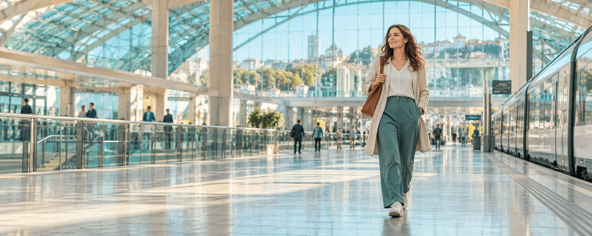 Mujer caminando con serenidad por una estación durante la recuperación de la agorafobia