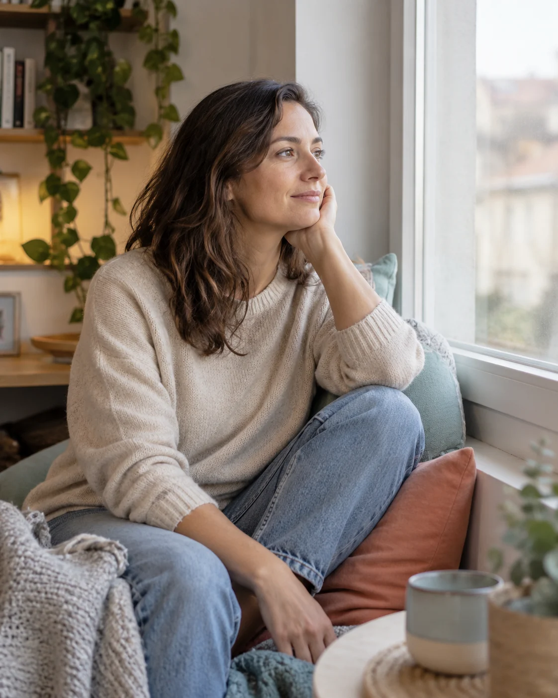 Una mujer adulta mira por la ventana en un momento de reflexión